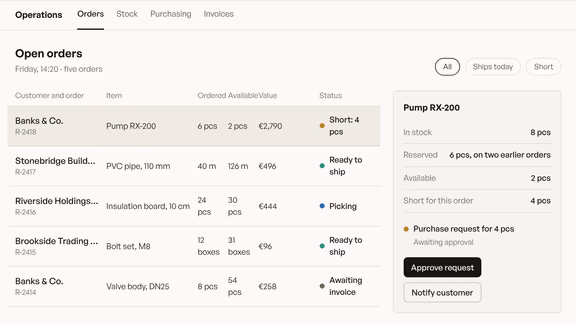 Orders and stock on one screen
