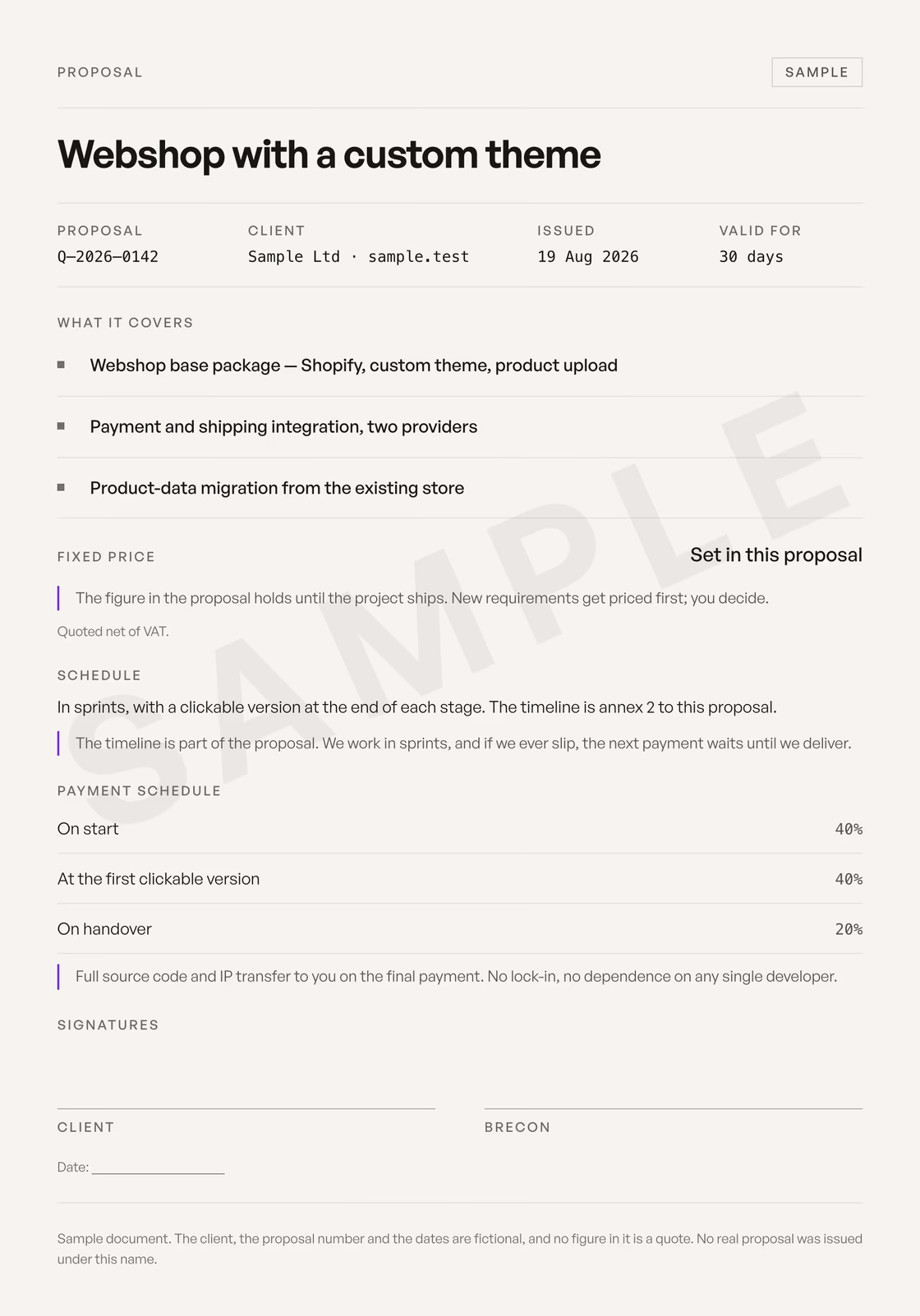 A sample written proposal: header with the proposal number, an itemised scope, the fixed price, the payment schedule and the written commitments.