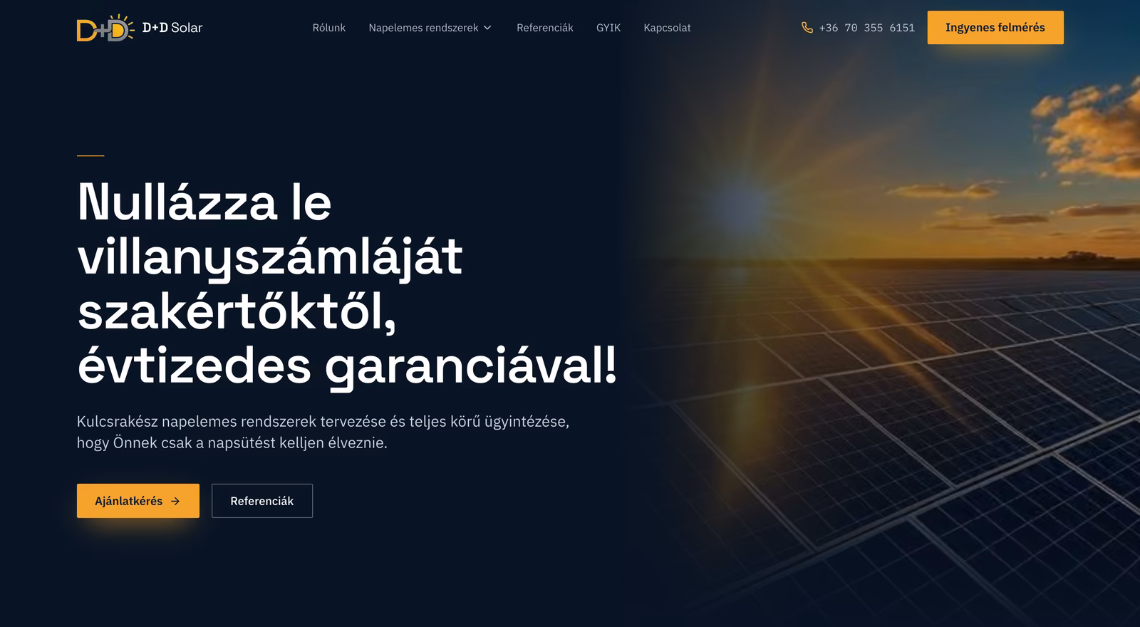 A dndsolar.hu nyitóoldala böngészőkeretben: napelemes ajánlatkérő oldal hero szekcióval és ajánlatkérő űrlappal.